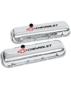 Chevy Valve Covers, Big Block, With Baffle, Short Design, Chrome, With Chevrolet Script & Bowtie Logo, 1958-1972