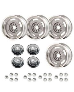 Early Chevy 49-54 -  Rally Wheel Kit, 1-Piece Cast Aluminum With Tall Derby Caps,  17x9 
