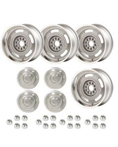 Early Chevy 49-54 - Rally Wheel Kit, 1-Piece Cast Aluminum With  Plain Flat (No Lettering)  Center Caps,  17x9


