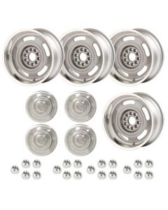 Early Chevy 49-54 - Rally Wheel Kit, 1-Piece Cast Aluminum With  Plain Flat (No Lettering)  Center Caps, Staggered 17x8 And 17x9


