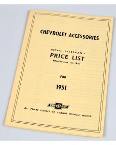Chevy Price List Booklet, Accessory, New Car, 1951
