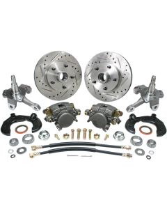 Chevy Power Front Disc Brake Kit, At The Wheel, With Ford Bolt Pattern, Drilled & Slotted Rotors, & 2" Dropped Spindles, For Mustang II, 1949-1954