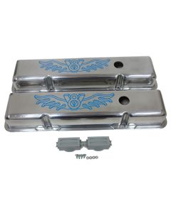 Polished Aluminum Chevy Small Block 283-400 Short Valve Covers, Blue V8 Logo