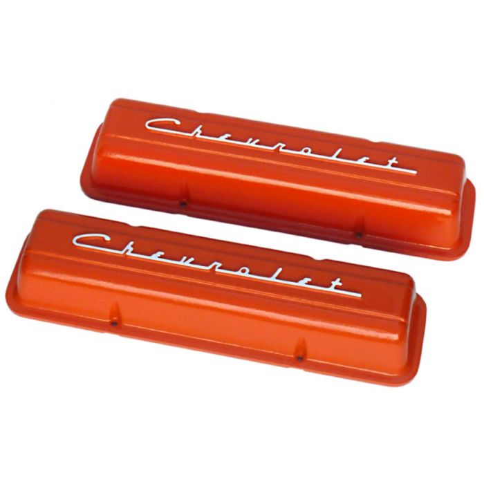 Eckler s El Camino Aluminum Valve Covers Small Block Orange Powder Coated With Chevrolet Script 1964 83 Chevrolet El Camino